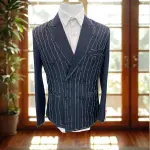 Men’s Navy Blue Double-Breasted Pinstripe Blazer – Slim Fit Formal Suit Jacket